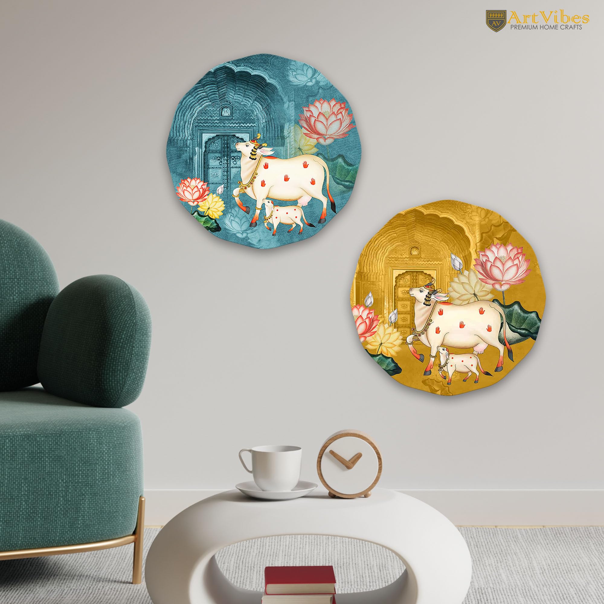 Artvibes Sacred Cow Pichwai Art Round Shape MDF Wooden Wall Decor Items | Living Room | Office | Handcrafted Art | Wall Accent | Artworks Hangings | Gift Items (WH_8813N), Set of 2