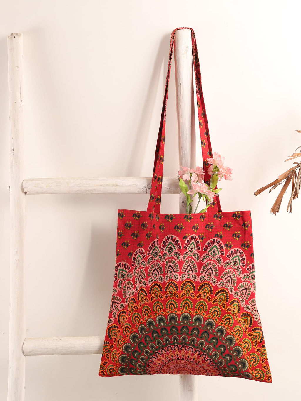Ravaiyaa - Attitude is everything Cotton Shoulder Bag/Tote Bag For Women| Printed Multipurpose Handbag With Top Zip | Best For Shopping, Travel, Work, Beach, Office, College (Red Peacock Mandala)