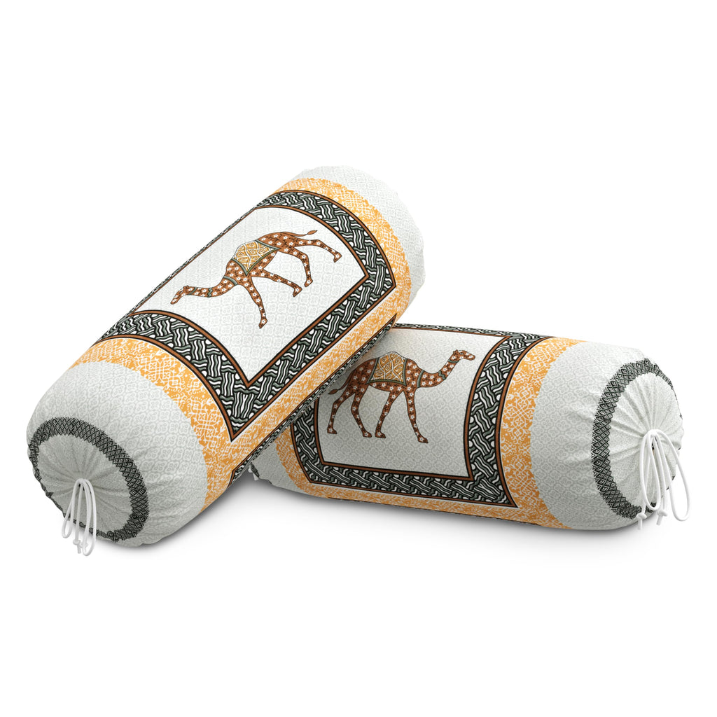BLOCKS OF INDIA Cotton Hand Block Printed Bolster Cover | Booster Cover with Drawstring | Round Long Pillow Cover for Bed | Dewan Pillow Cover Set 16 X 32 | Set of 2 (Yellow Camel)