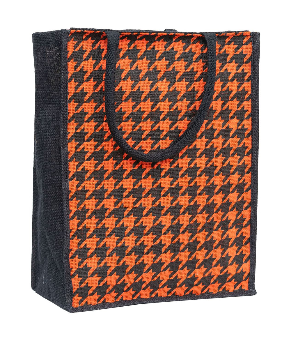 JUTEKA Orange Houndstooth Printed Jute Lunch Bag, Grocery Tote, Hand Bag, Picnic Bag for Men, Women, Girls, Kids with Zip
