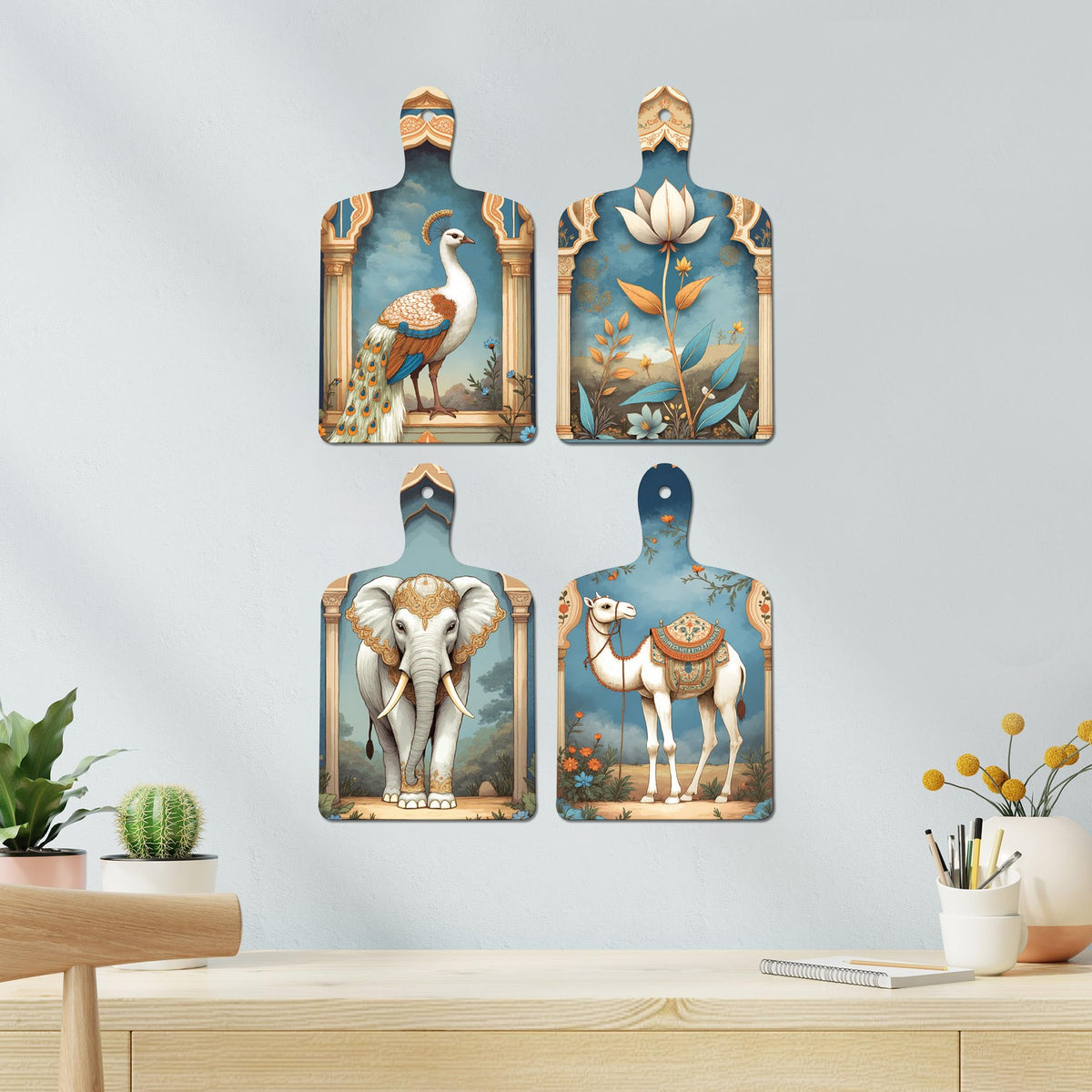 Artvibes Peacock Elephant Camel Pichwai Art Decorative MDF Wooden Wall Art for Home | Printed Wall Decoration | Graphic Artwork | Aesthetic Wooden Decor | Sceneries | Ideal Gifts (WH_5652N), Set of 4