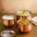 Expresso Steel Handi Set Copper Bottom Handi Set with Lid | Cookware Set of 3 Pieces Cooking Serving Bowl biryani Milk Hot Pot Pan Size - 600/1000/1500ml (Design 4)