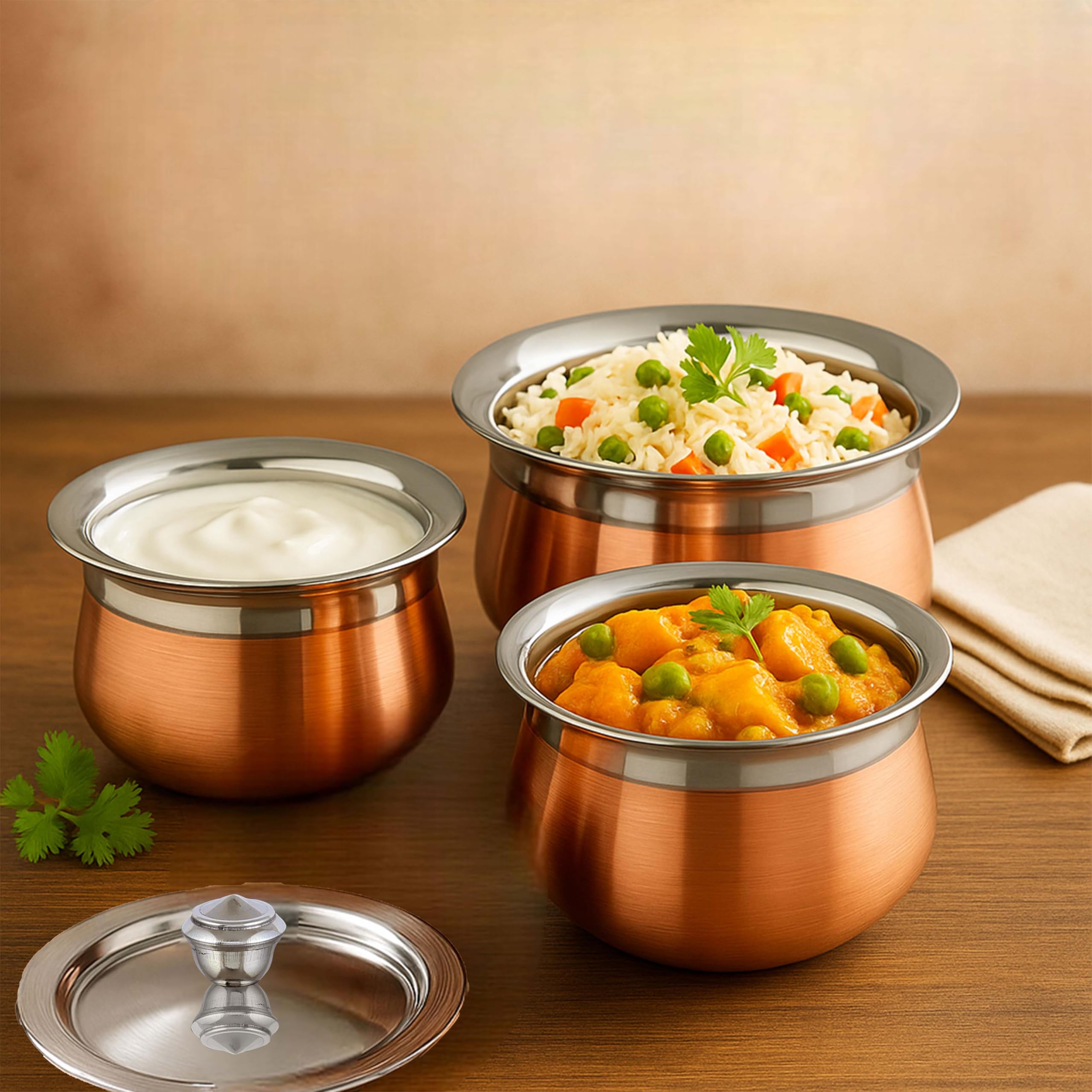 Expresso Steel Handi Set Copper Bottom Handi Set with Lid | Cookware Set of 3 Pieces Cooking Serving Bowl biryani Milk Hot Pot Pan Size - 600/1000/1500ml (Design 4)