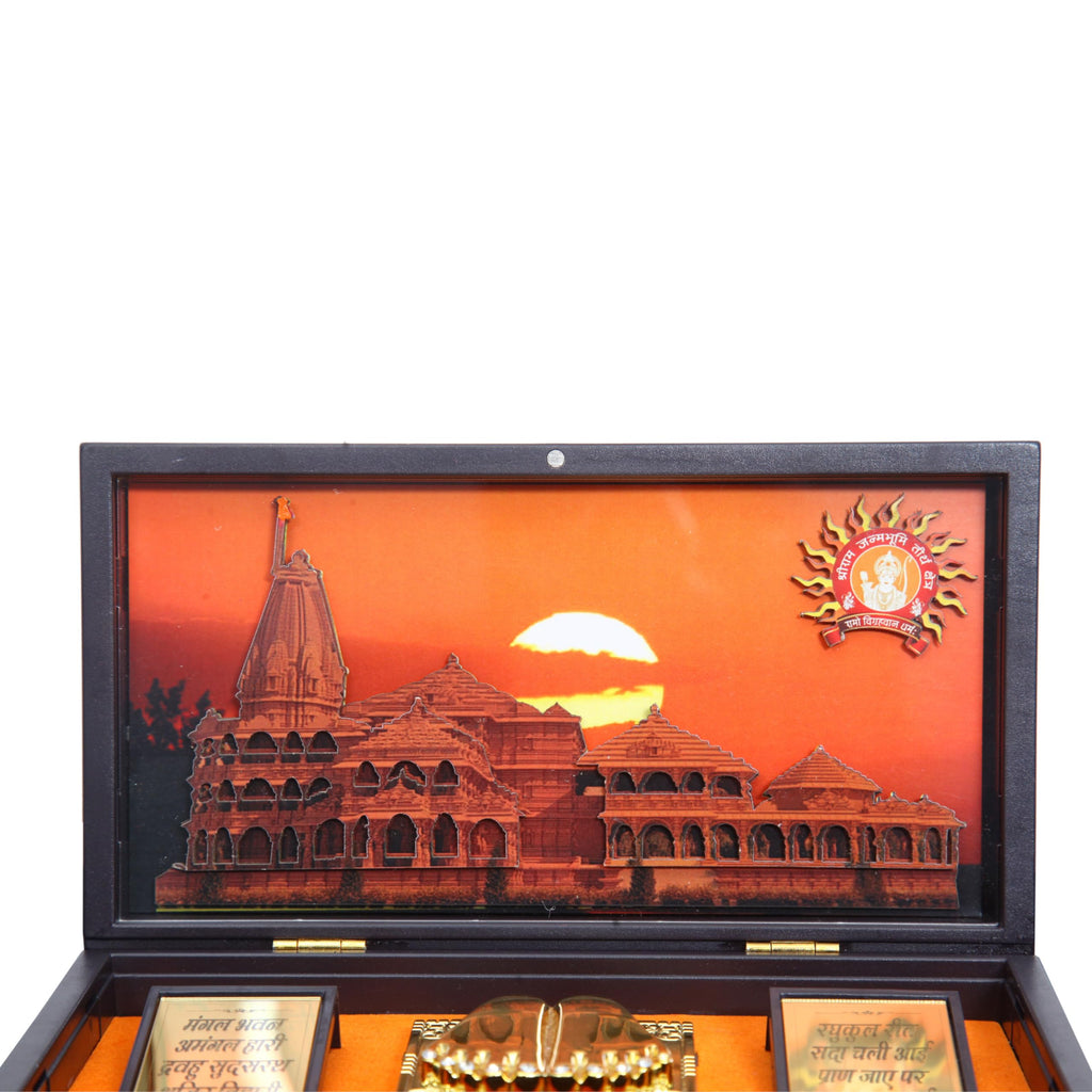 anciently Ram Mandir Pocket Temple | Ayodhya Ram Mandir Pocket Temple with Charan Paduka Rectangle Shaped, Gold Plated, 1 Piece
