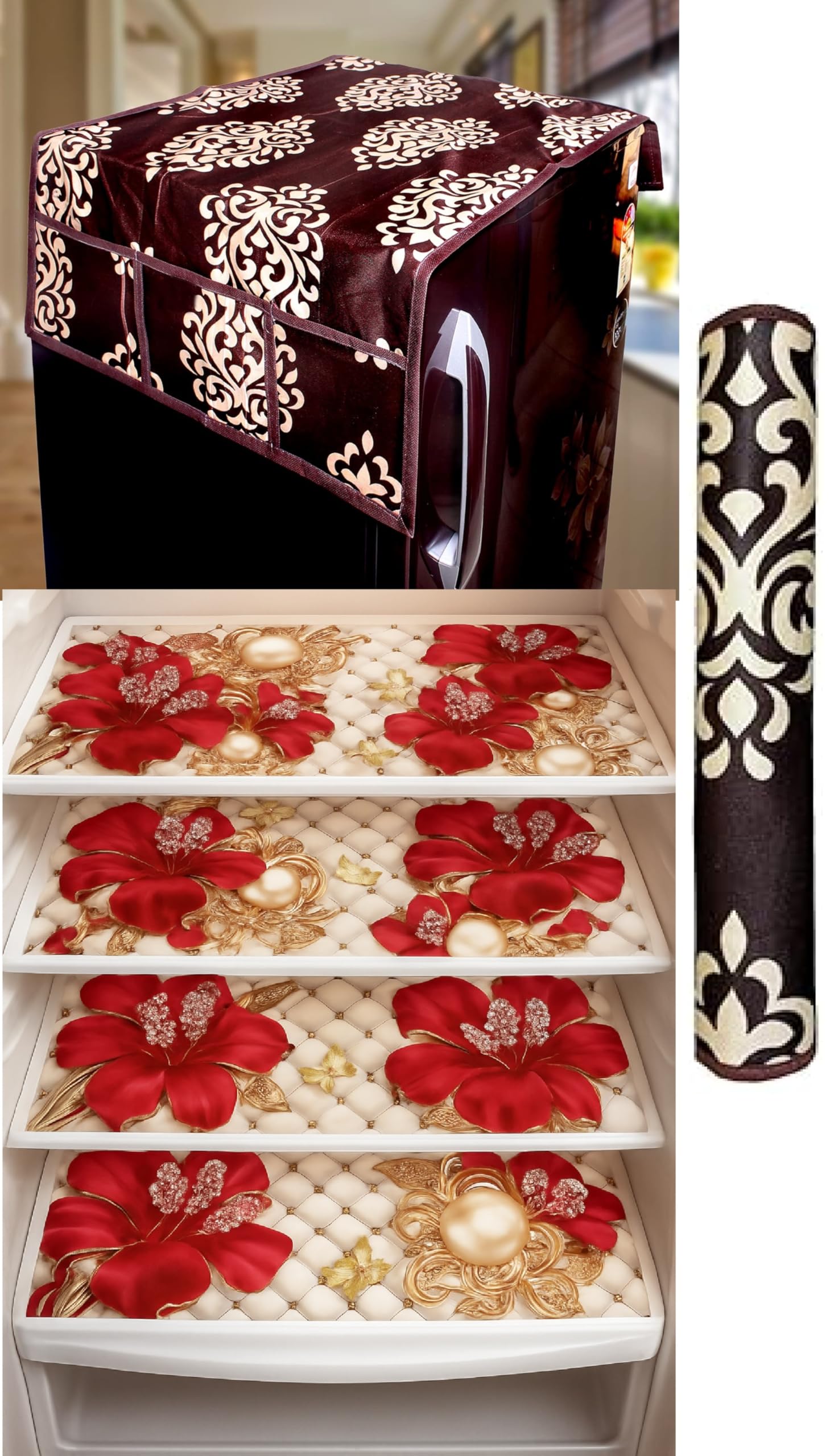 REVEXO Kitchen Combo Fridge Top Cover, 2 Piece Fridge Handle Cover, 4 Pcs Fridge Mats, (Set of 6 Piece) rev-024 Kafalo