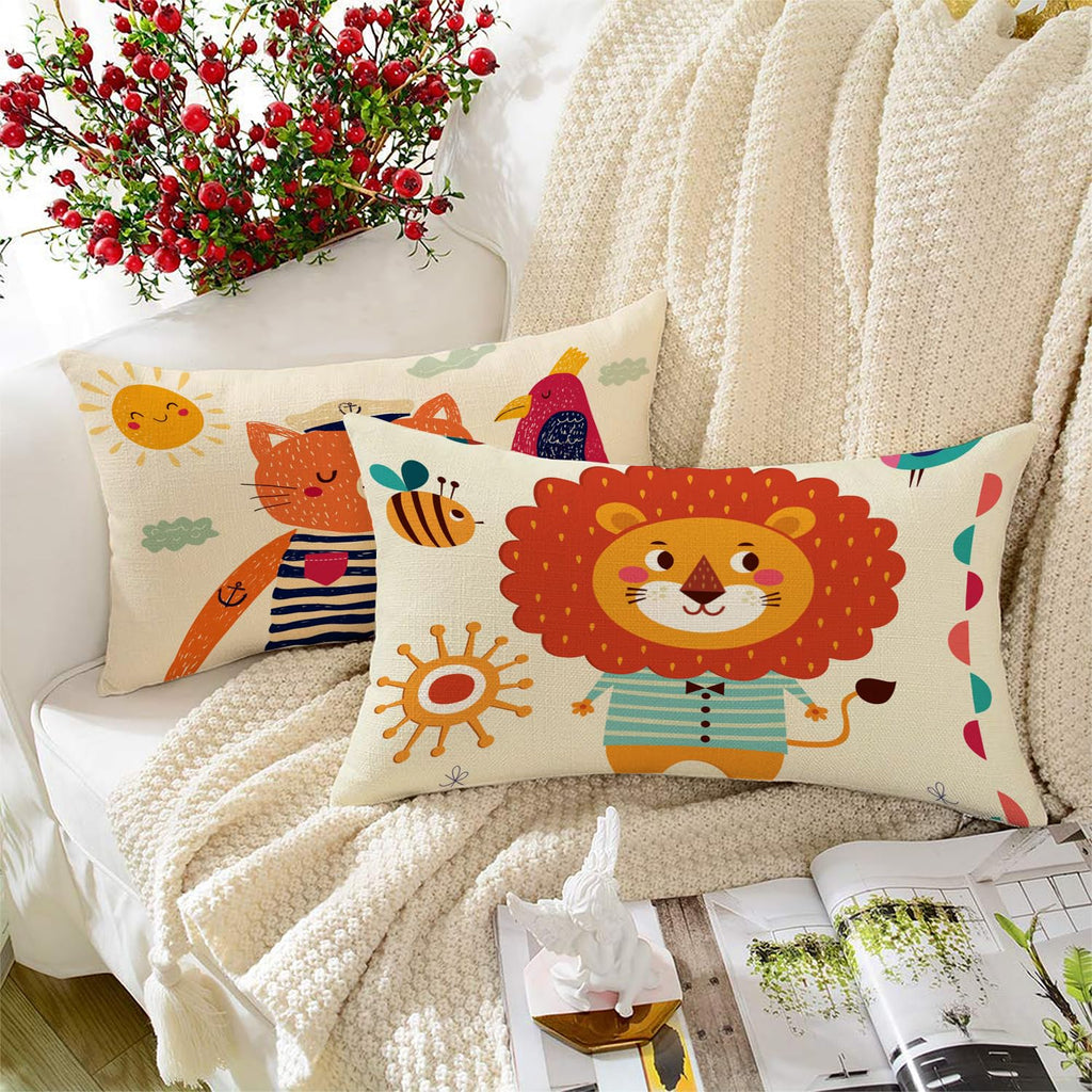 STITCHNEST Set of 2 Folk Art Animal Fantasy Collection Printed Polycotton Cushion Covers 12x18 Inches | Decorative Throw Pillow Covers for Sofa, Living Room, Bedroom | Perfect for Home Decor