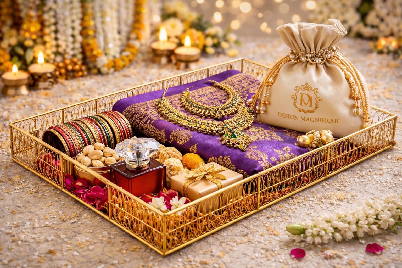 Gold Metal Wire mesh Tray Set of 2 Decorative Serving Trays | Wedding Gift Tray | Hamper Basket | Return Gift Platter | Festive, Pooja & Home Décor Use
