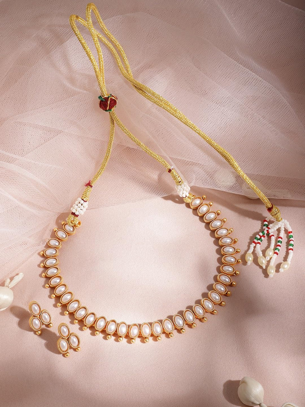 Rubans 22K Gold-Plated Handcrafted Artificial Jewelry Oval Choker Set with Pearl Studded And Matching Earrings For Women and Girls – Perfect for Weddings and Special Occasions