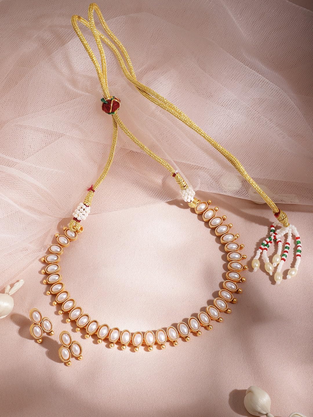 Rubans 22K Gold-Plated Handcrafted Artificial Jewelry Oval Choker Set with Pearl Studded And Matching Earrings For Women and Girls – Perfect for Weddings and Special Occasions