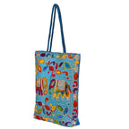 Craft Trade Women's Sky Blue Cotton Tote Bag with Zip Closure Elephant Printe Embroidered Shopping Bags - 38x34x5 CM