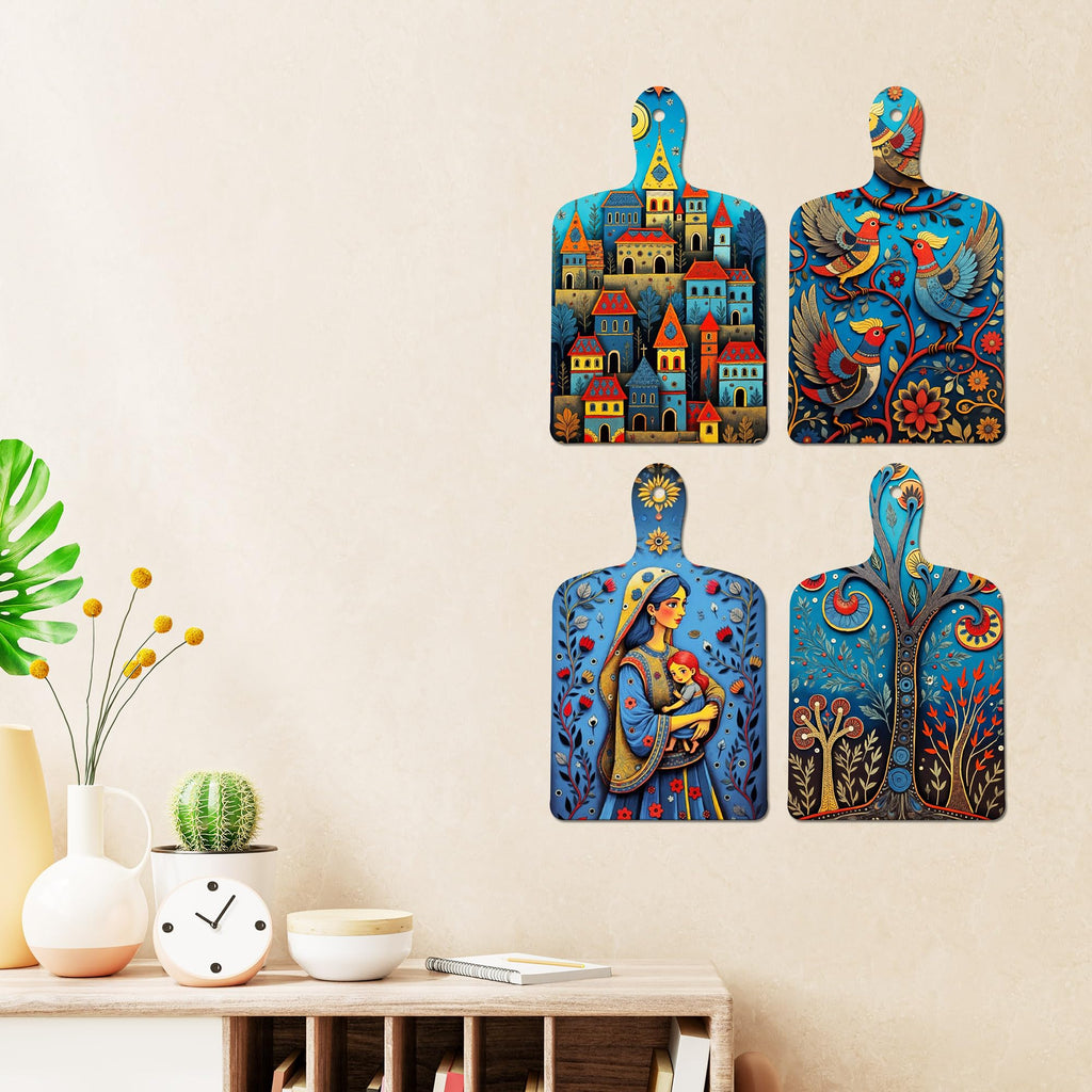 Artvibes Village, Birds & Nature Theme Indian Folk Art Decorative Wall Hanging Ornaments | Printed Wall Decoration | Graphic Artwork | Wall Art Print | Scenery | Unique Gift Items (WH_5653N), Set of 4