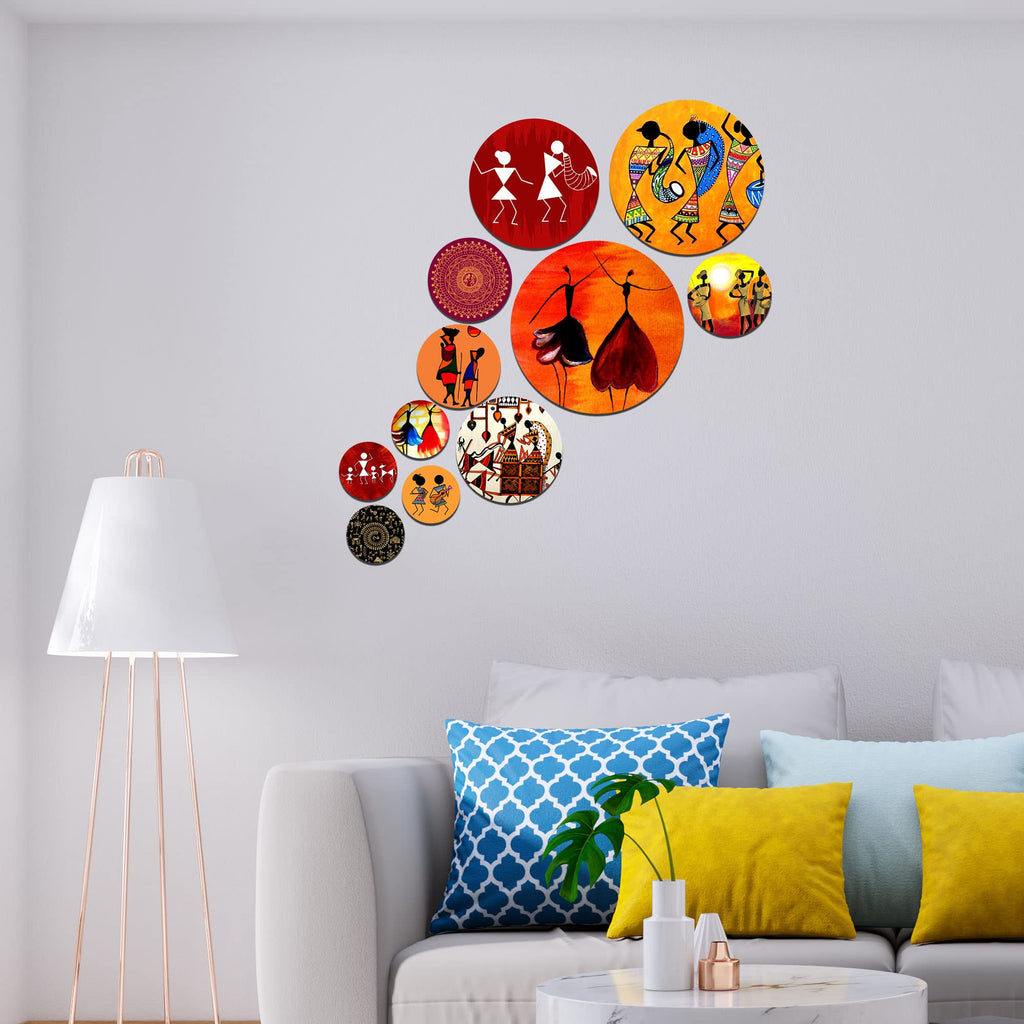 Artvibes Indian Traditional Warli Tribal Folk Dance Art Round Shape MDF Wooden Wall Decor Items for Home | Art For Wall | Modern Decor Artwork | Wall Illustrations | Gift Items (WPS_126N), Set of 11