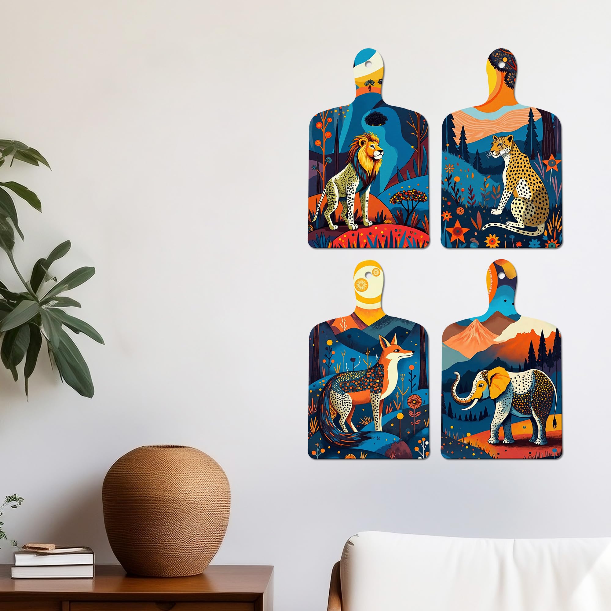 Artvibes Lion, Leopard & Elephant Wildlife Art Decorative Wall Hanging Ornaments | Art For Wall | Door Decoration Items | Aesthetic Wooden Decor | Paintings For Wall | Ideal Gifts (WH_5662N), Set of 4