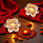 Saudeep India Set of 2 Diwali Tealight Candle Holders | Crystal Glass Lotus Decorative Tealights | Reusable Tea-Lights for Diwali Decoration, Pooja, Home Decor, Wedding & Festive Gifting