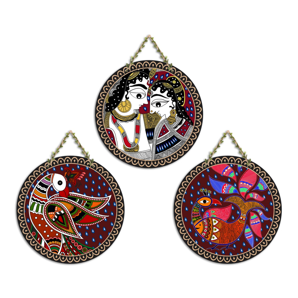 Artvibes Madhubani Folk Art Round Shape MDF Wooden Wall Decor Items | Living Room | Handcrafted Art | Wall Poster | Aesthetic Wooden Decor | Art Print | Unique Gift Items (WH_9903N), Set of 3