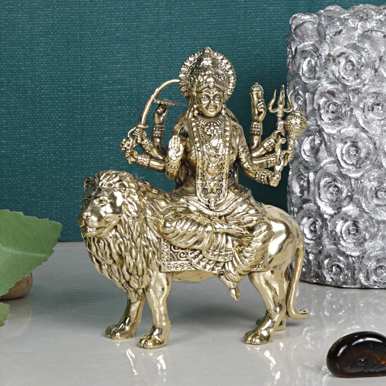 ARTVARKO Brass Maa Durga Idol Sitting On Lion Ma Sherawali Devi Statue Navratra Pital Puja Murti (Small Size 8x4x9.5 cm)