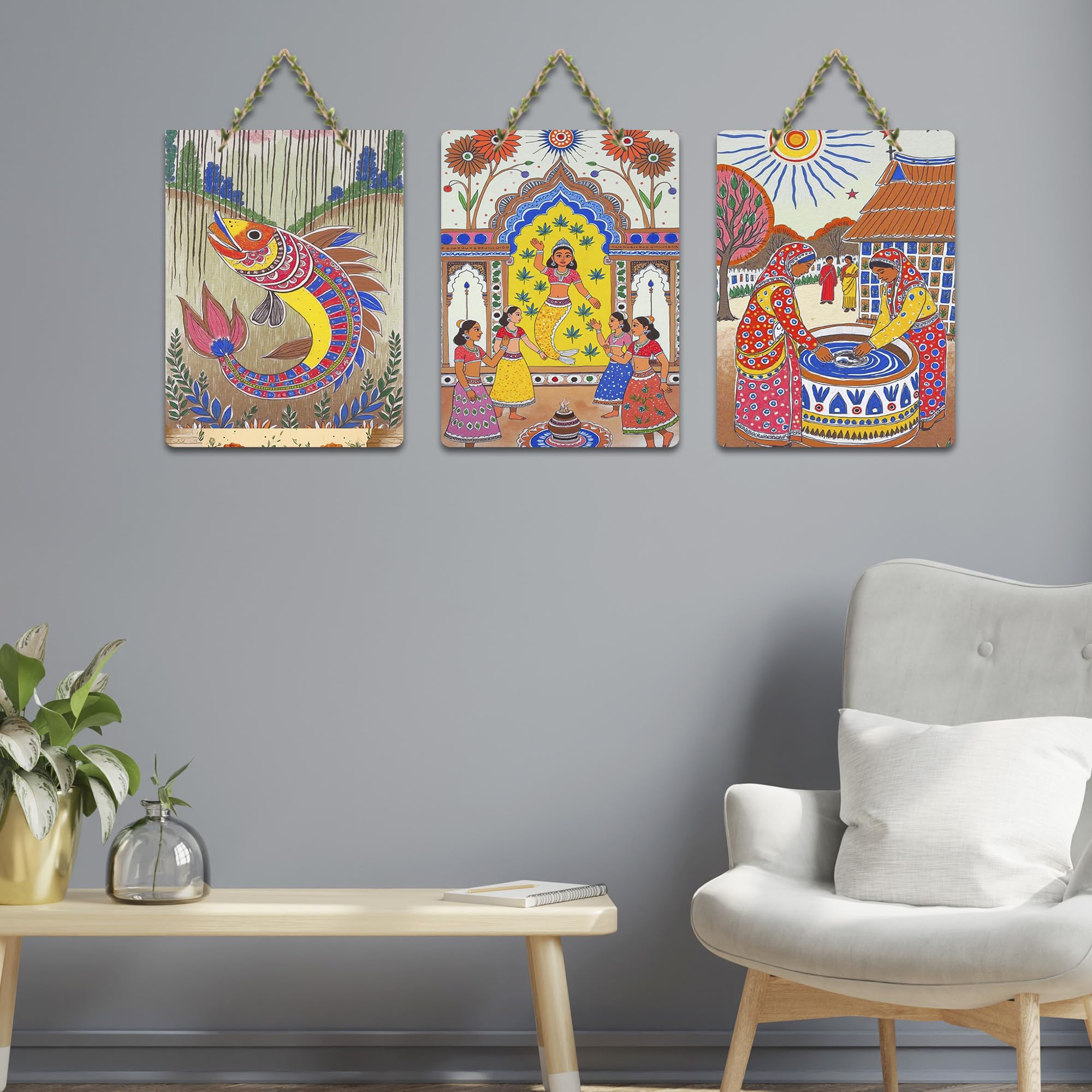 Artvibes Traditional Cultural Artwork Decorative MDF Wooden Wall Art for Home | Handcrafted Art | Festive Decor | Aesthetic Wooden Decor | Paintings For Wall | Ideal Gifts (WH_96129N), Set of 3