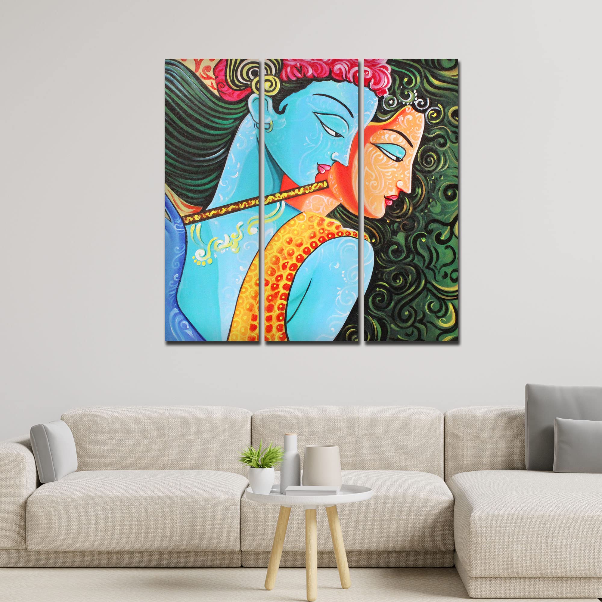VIBECRAFTS 3 Pieces Shree Radha Krishna Canvas Wall Painting Fitted With Wooden Frame For Home | Office | Living Room | Gifts (PTVC3Pcs1_9548)