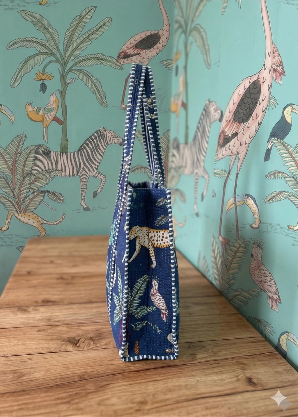 Rastogi Handicrafts Quilted Cotton Women Beautiful Printed Grocery Shopping Bag, Shoulder Bag, Tote Bag, Travel Bags, Dark Blue, 18X6X15 Inch