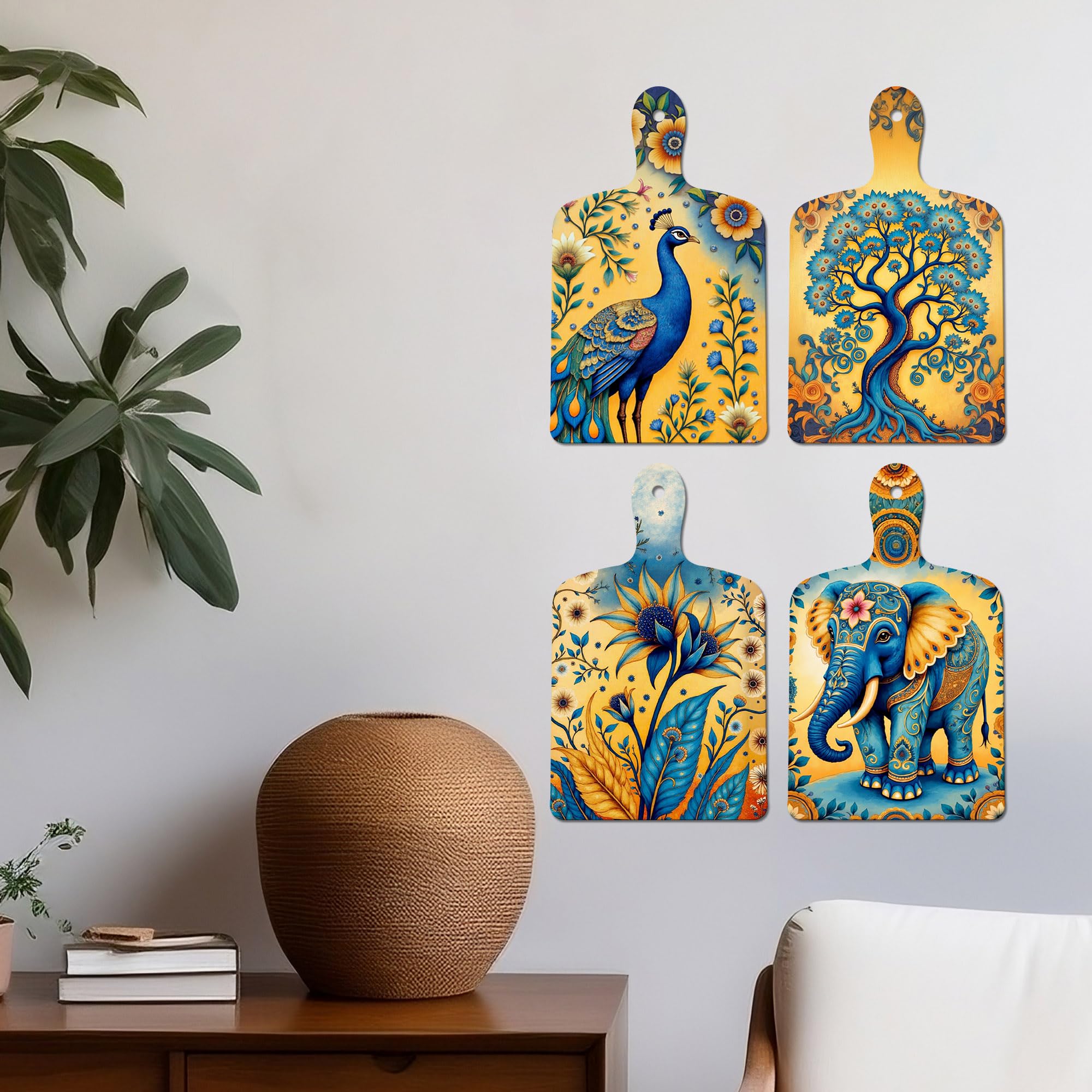 Artvibes Peacock Tree & Elephant Traditional Pichwai Art Decorative MDF Wooden Wall Art for Home | Handcrafted Art | Graphic Artwork | Wall Poster | Sceneries | Unique Gift (WH_5624N), Set of 4