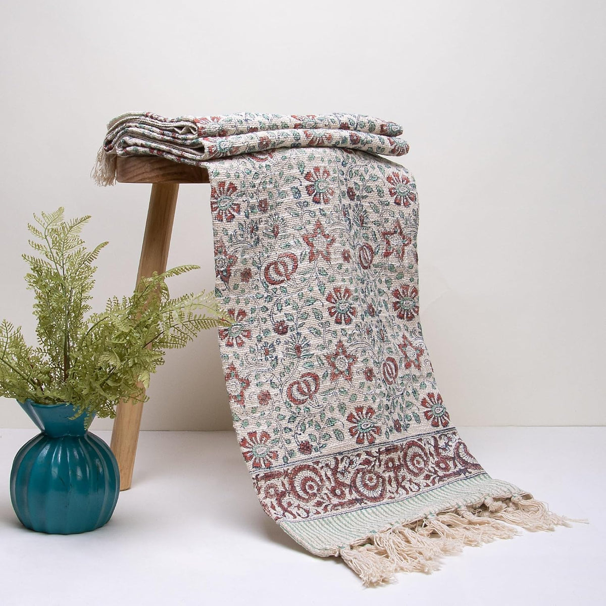 DMAASA Hand Block Printed Floral Cotton 200 TC Sofa Throw (Light Pink) Kafalo