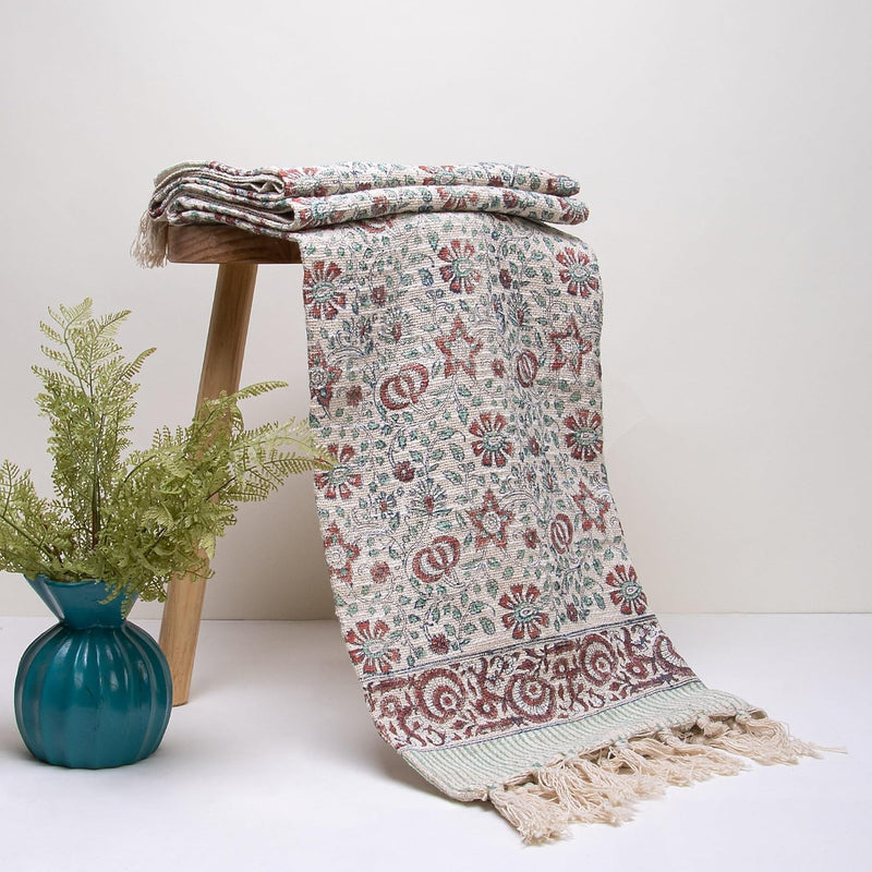 DMAASA Hand Block Printed Floral Cotton 200 TC Sofa Throw (Light Pink) Kafalo