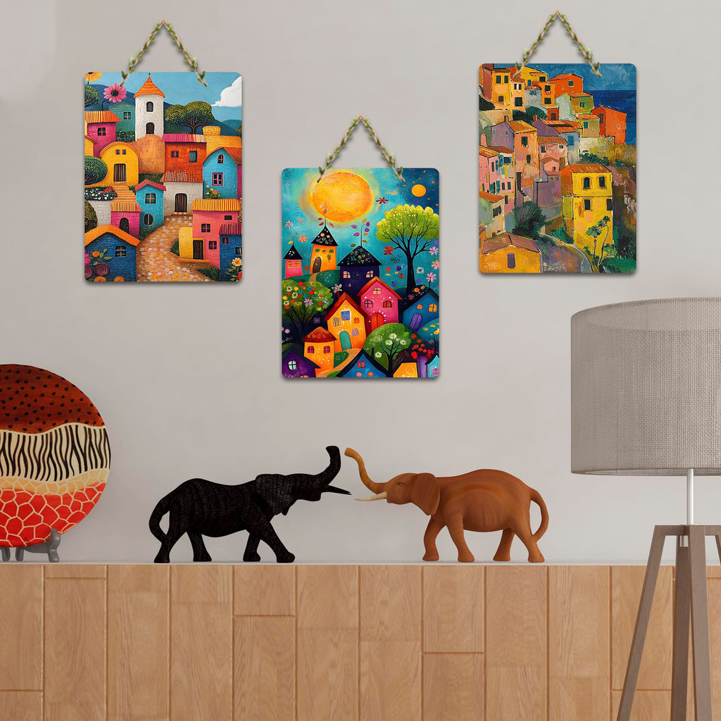 Artvibes Magical Sunset Coastal Village View Art Decorative Wall Art MDF Wooden Wall Hanger for Living Room | Home Decor | Wall Accent | Wall Illustrations | Art Print | Gift Item (WH_9622N), Set of 3
