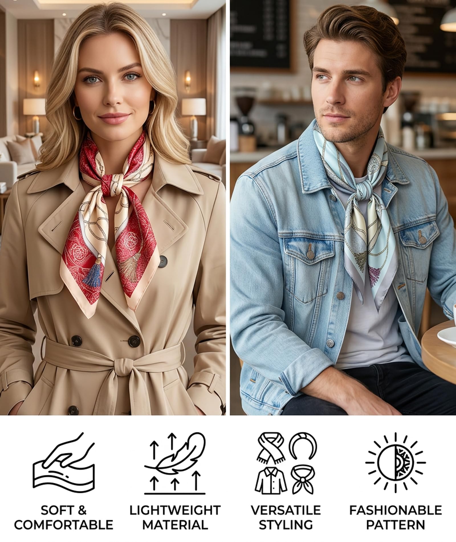SRKSPYFD Bandanas for Women Stylish Scarf Set, 2PCS Head and Neck Scarves for Daily Wear and Travel Accessories, Hair Scarves with Satin Finish for Handbag Decor