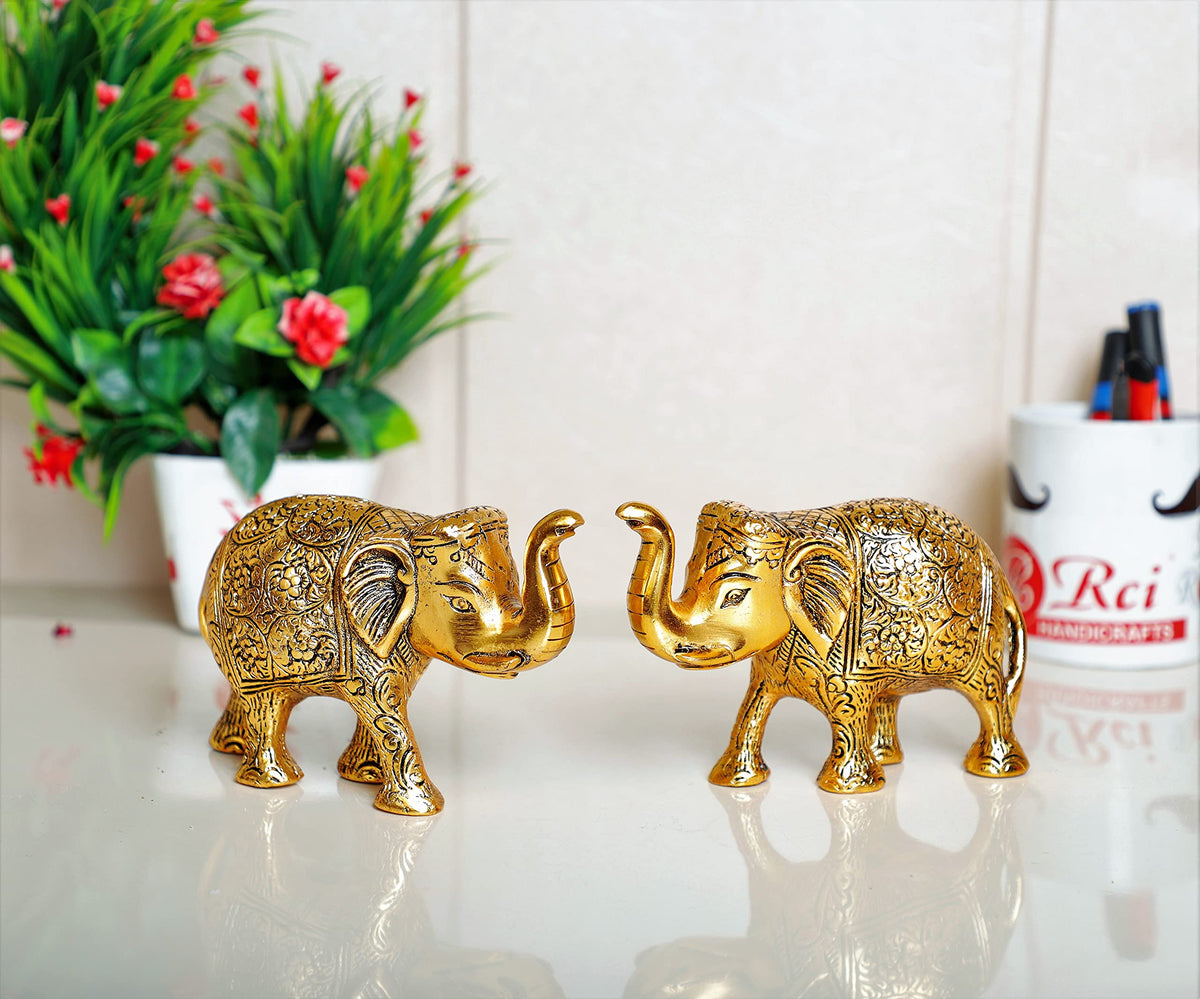 KridayKraft Metal Elephant Statue Small Size Gold Polish 2 pcs Set for Your Home,Office Table Decorative & Gift Article,Animal Showpiece Figurines...