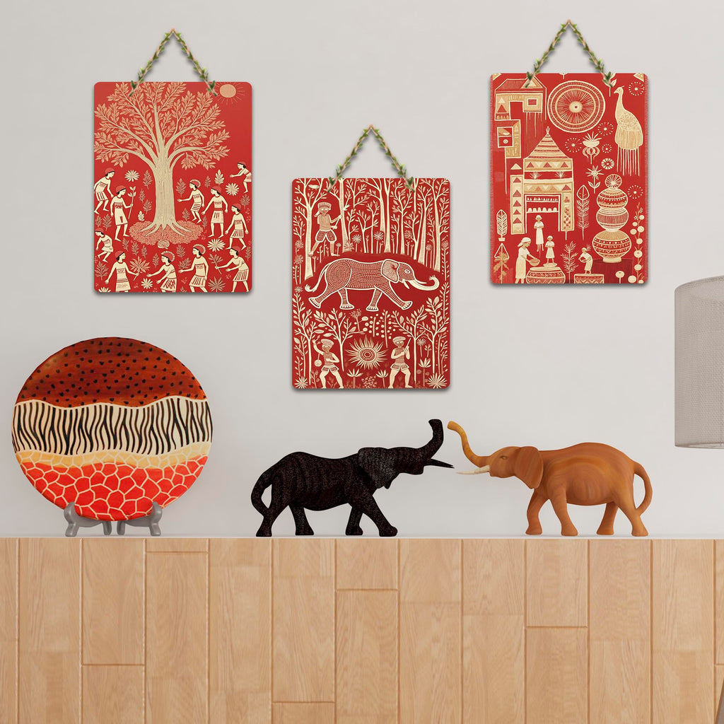Artvibes Traditional Cultural Wall Art Decorative MDF Wooden Wall Art for Home | Handcrafted Art | Festive Decor | Wall Art Print | Paintings For Wall | Unique Gift Items (WH_96122N), Set of 3