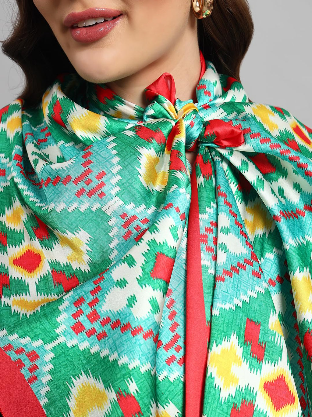 Ravaiyaa - Attitude is everything Women Lightweight Printed 100% Satin Silk Scarf Stoles Breathable Neckerchief Head Beach Wrap Scarves (Red Green Abstract, 70 x 20 Inch)
