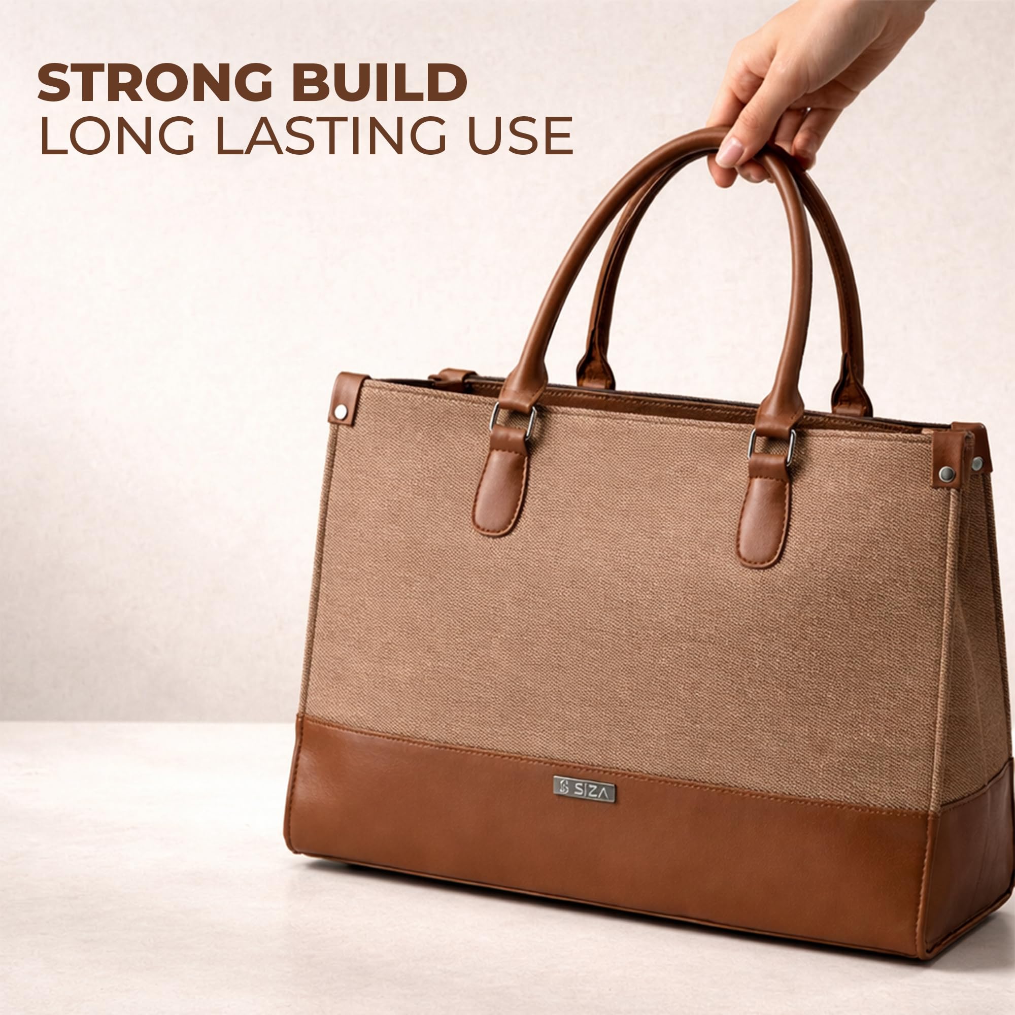 Siza Tote Bag for Women, Canvas Leather Office Handbag, Large Capacity Laptop Shoulder Bag with Detachable Strap for Work, College, Travel & Daily Use (Brown)