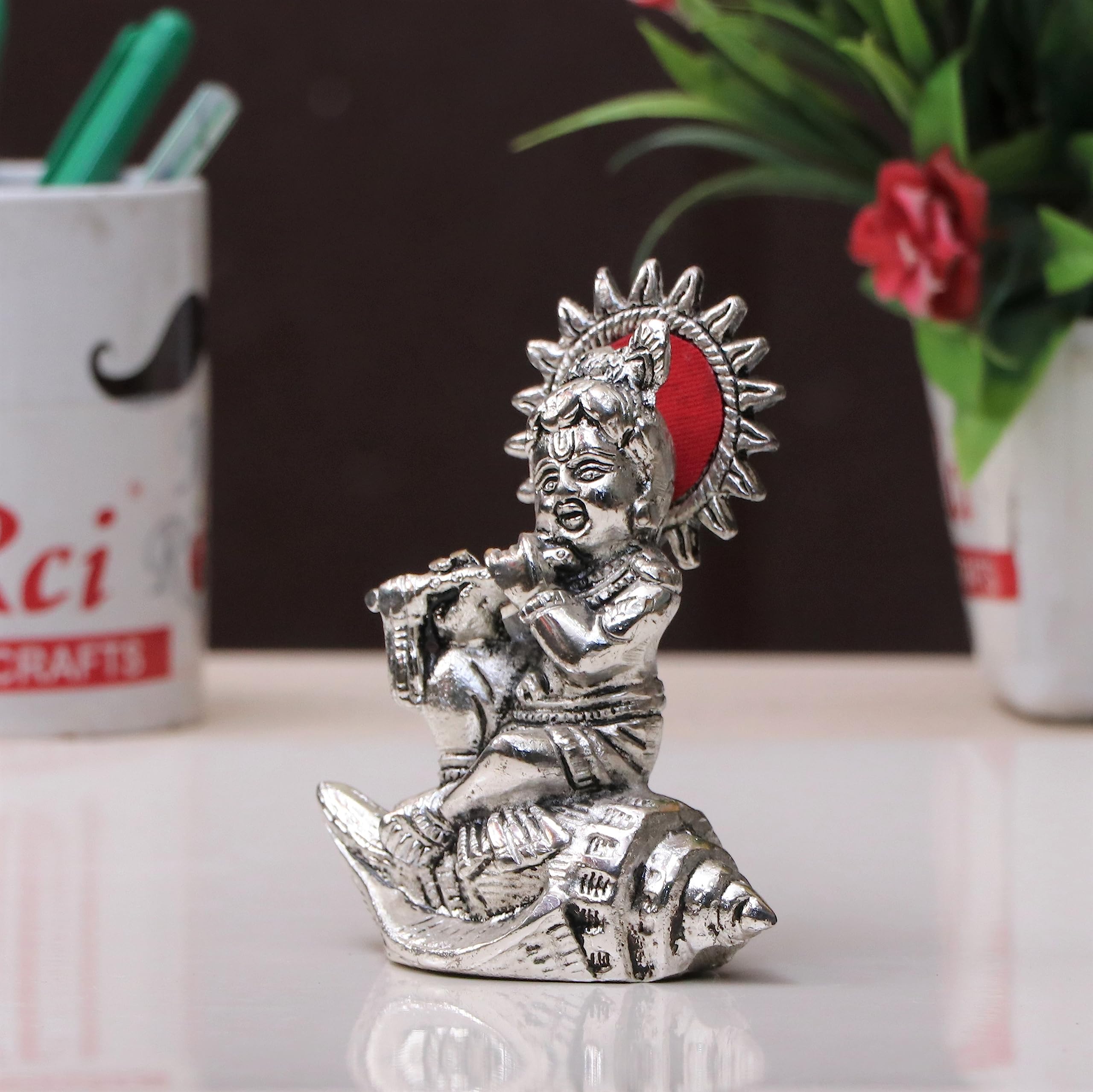 KridayKraft Lord Krishna On Shankh Metal Statue Bal Laddu Gopal Murti Playing Flute Decorative Showpiece for Pooja Room Home Office Decor Religious Idol Figurine for Study Table & Gifting Purpose