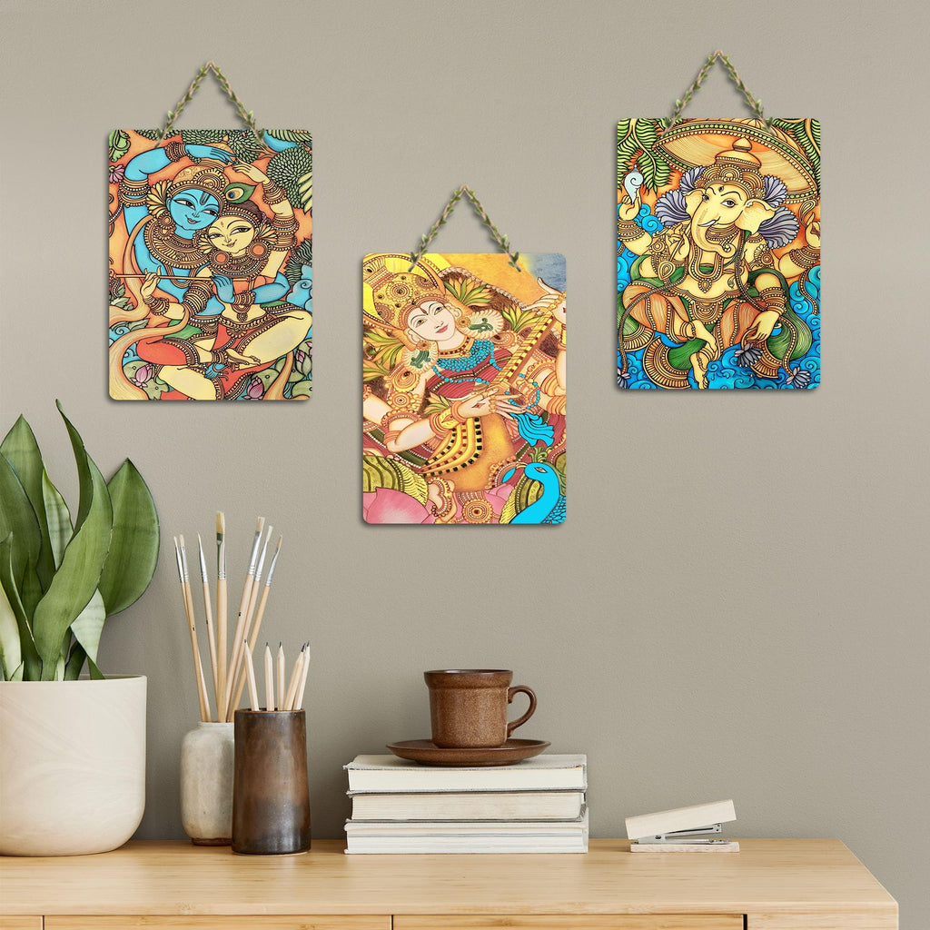 Artvibes Indian Gods Modern Art Decorative MDF Wooden Wall Art for Home | Wood Decorative Items | Modern Decoration | Artwork | Festive Decor | Wall Art Print | Unique Gift Items (WH_96177N), Set of 3