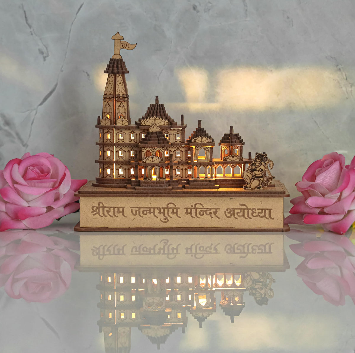 LASER ART Ram Mandir Ayodhya Model with Light and Power Adapter 3D Replica Wooden MDF Craftsmanship, Authentic Design, with Protective Outer Box - Ideal for Home Temple, Home Decor & Gifts