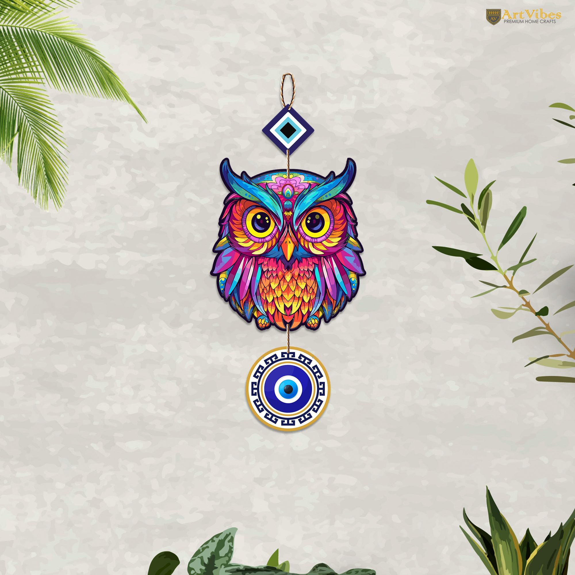 Artvibes Owl and Evil Eye MDF Wood Wall Hanger Ornaments For Vastu For Home Decoration | Livingroom | Spiritual Decor Items | Wall Illustrations | Ethnic Wall Decor | Wall Art Print (WH_8507N)