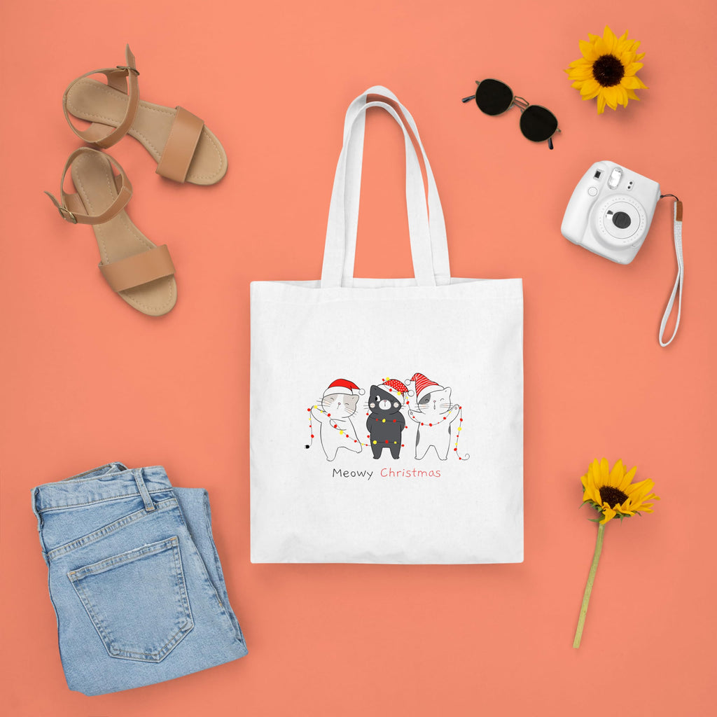 Happu-White Cotton Canvas Tote Bag with Zip | Happy Christmas Festive Print | Reusable, Washable & Eco-Friendly Multi-Purpose Tote for Women & Girls HPK-3439