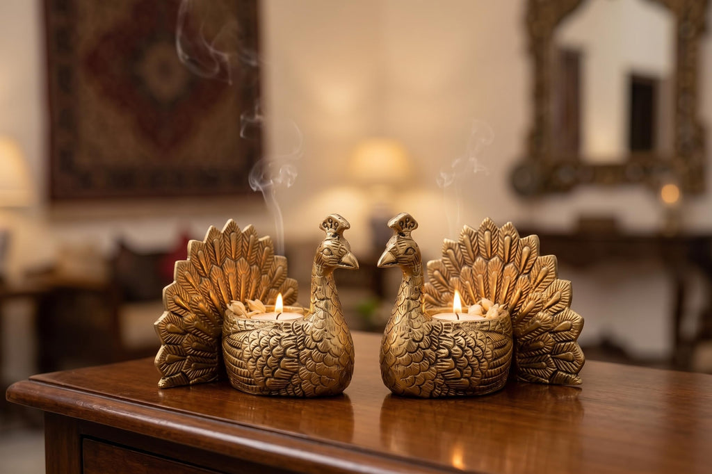 Kridaykraft Aluminum Peacock Pair Tealight Candle Holder Set | Gold Finish Traditional Decorative Showpiece for Home Decor, Diwali Diya, Living Room, Table Centerpiece & Festive Gifting (Set of 2)