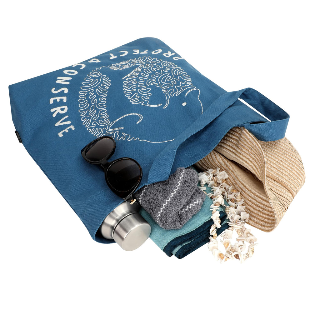 SKAPADORO Canvas Big Zip Handbag Tote,100% Cotton, Inner pocket, Unisex Embroidered Comfortable Bag for Travel Office Beach Shopping, Easy to Wash Trendy Everyday Shoulder Bag (Protect & Conserve)