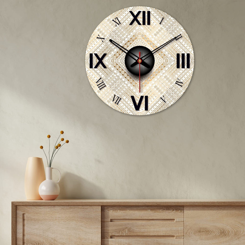 VIBECRAFTS Detailed Golden Pattern Wooden Wall Clock for Home Decor, Office, Living Room, Bedroom, Cafe's, Gifts (WWCVC1Pcs_15068N)