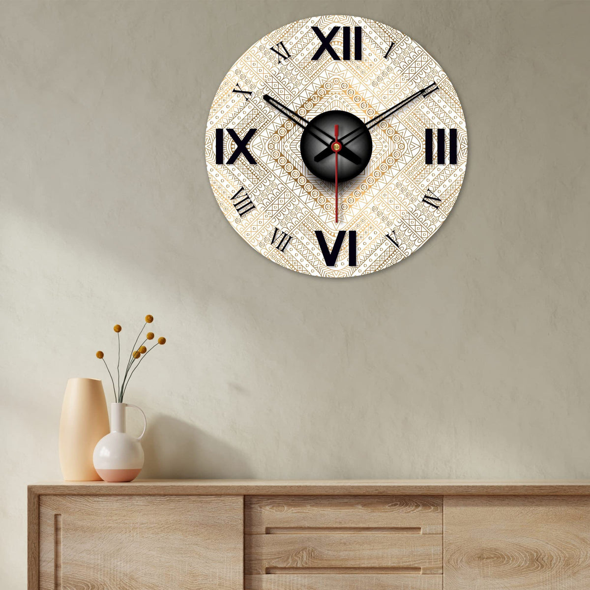 VIBECRAFTS Detailed Golden Pattern Wooden Wall Clock for Home Decor, Office, Living Room, Bedroom, Cafe's, Gifts (WWCVC1Pcs_15068N)