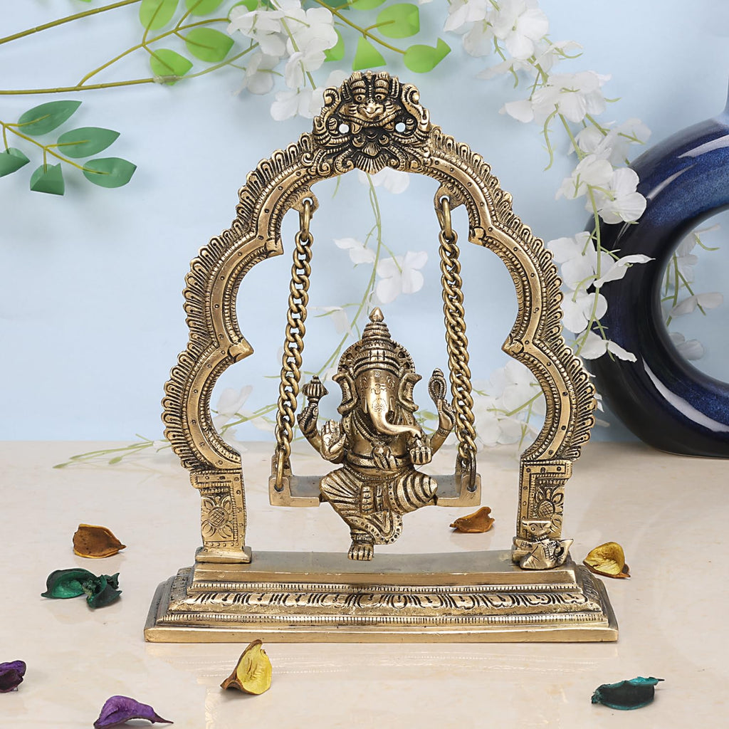 Artvarko Pure Brass Ganesha Jhula Idol Ganesha Swing Jhoola Murti for Home Entrance Decor Gift 9 Inch