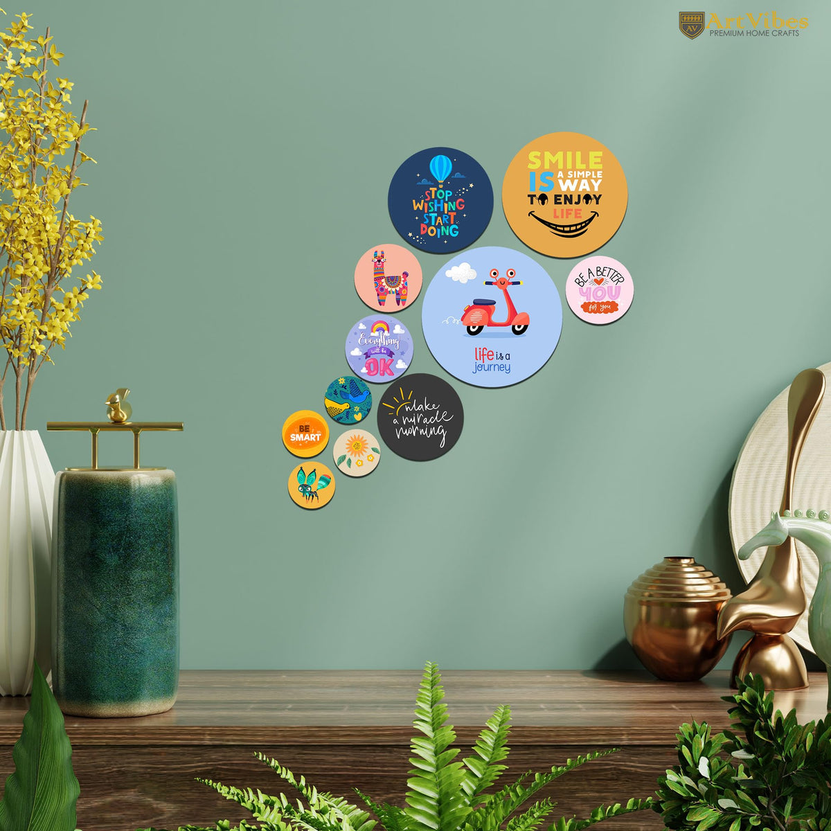 Artvibes Smile Is A Simple Way To Enjoy Life Round Shape MDF Wooden Wall Decor Items | Quotes Decor Item | Wall Illustrations | Office Decor | Wall Art Print | Gift Items (WPS_140N), Set of 11