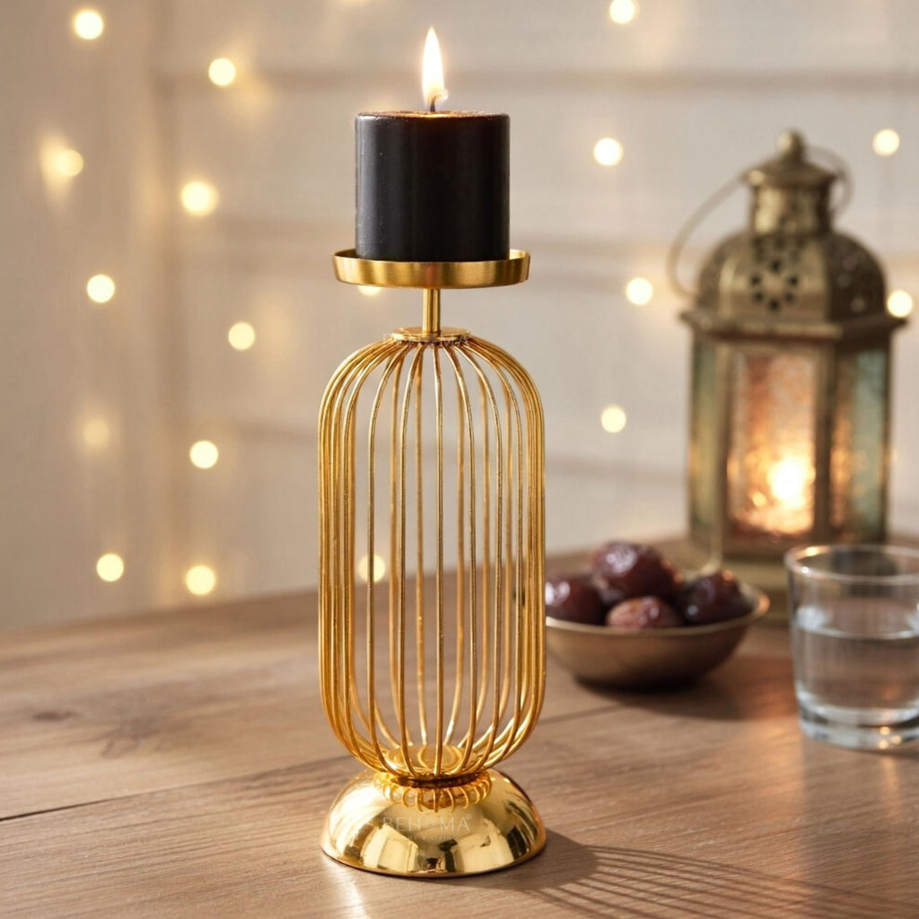 Behoma Metal Pillar Candle Holder Stand with Gold Finish - 12 Inch