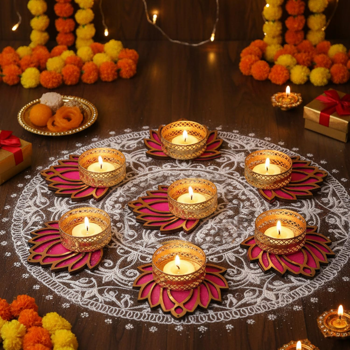 TIED RIBBONS Decorative Lotus Tealight Candle Holder Stand Set of 7 - Decoration Items for Home Decor Diyas Indoor Outdoor Office Gifting, Gold