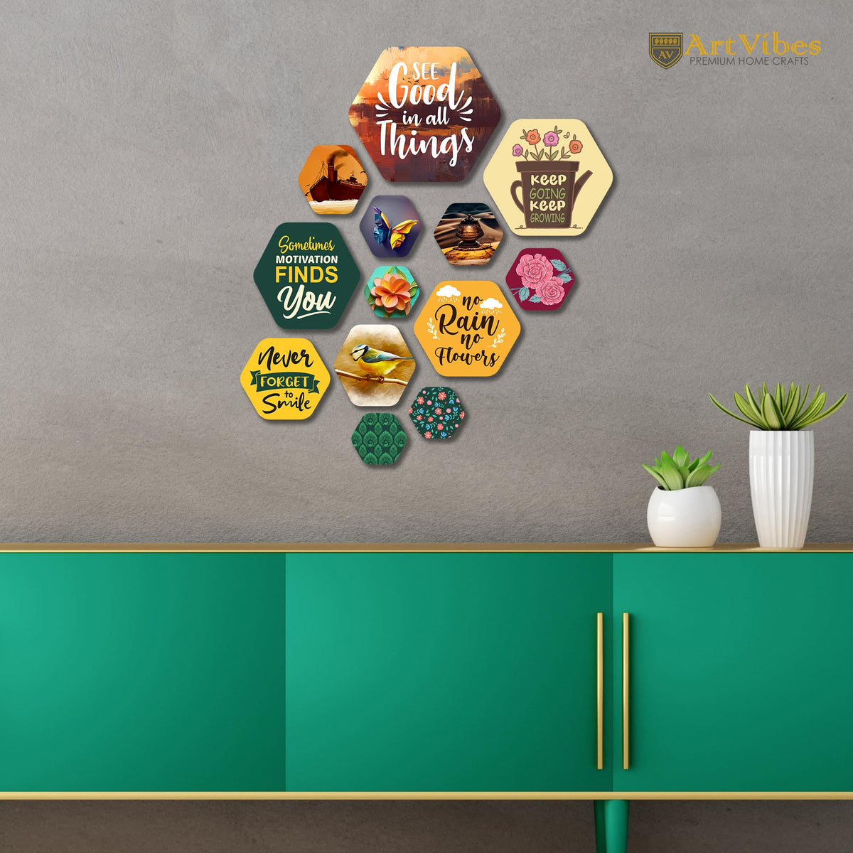 Artvibes See Good In All Things Hexagon Shape MDF Wooden Wall Decor Items | Quotes Decor Item | Wall Poster | Office Decor | Wall Art Print | Inspirational quotes | Gift Items (WPS_204NN), Set of 13