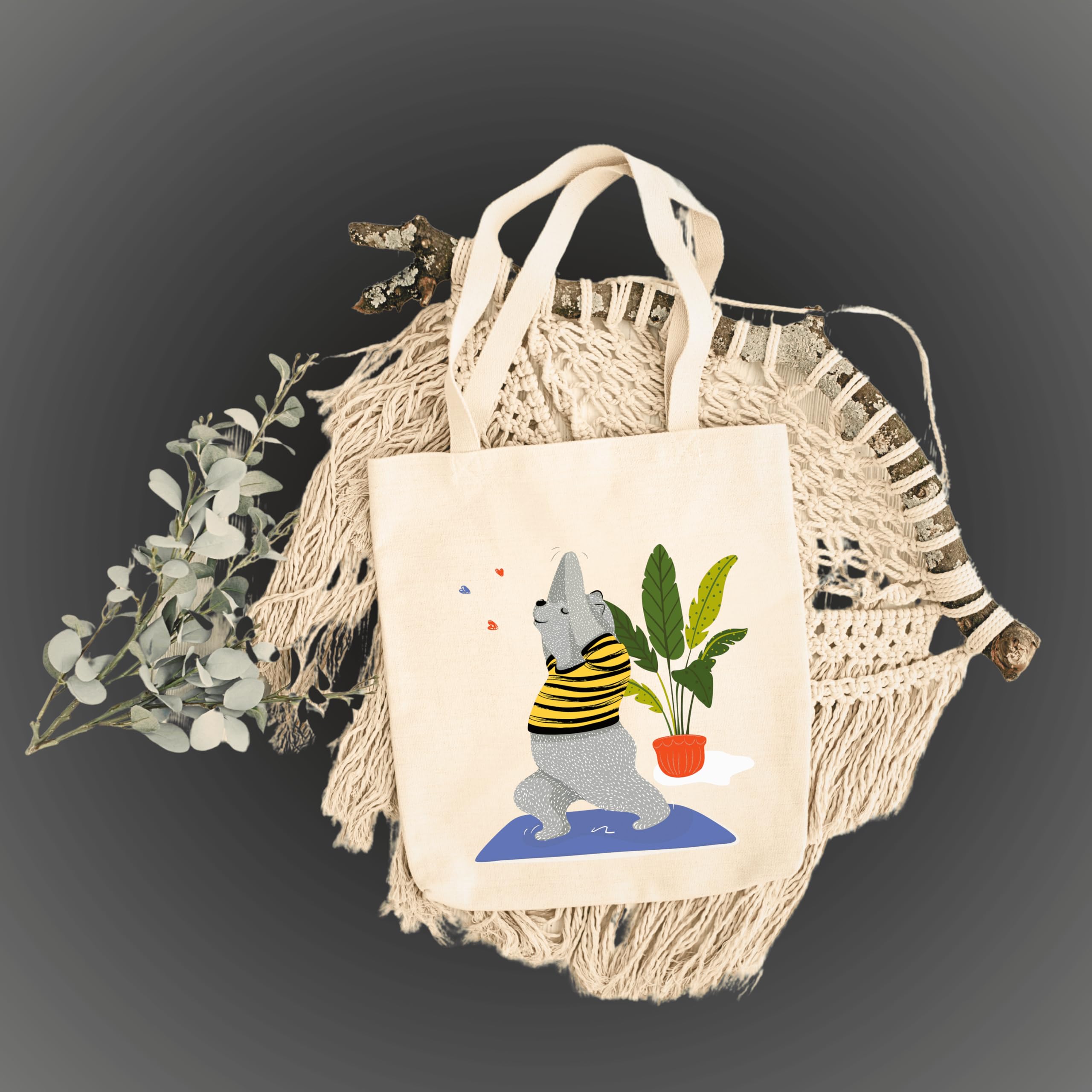 snapiq COTTON 350 GSM Canvas Tote Bag for Women and Girls Thick Fabric with Zipper (Beige, Bear Yoga)