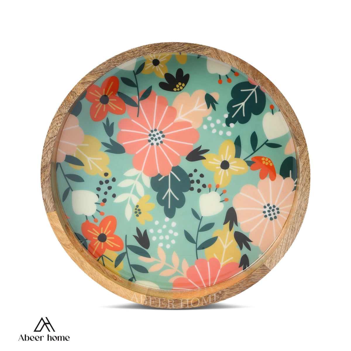 ABEER HOME Mango Wood Round Serving Tray - 12 x 12 Inches | Green Floral Design Decorative Wooden Serving Platter for Snacks, Sweets, Coffee, Tea & Home Décor | Durable Kitchen Tray for Gifting
