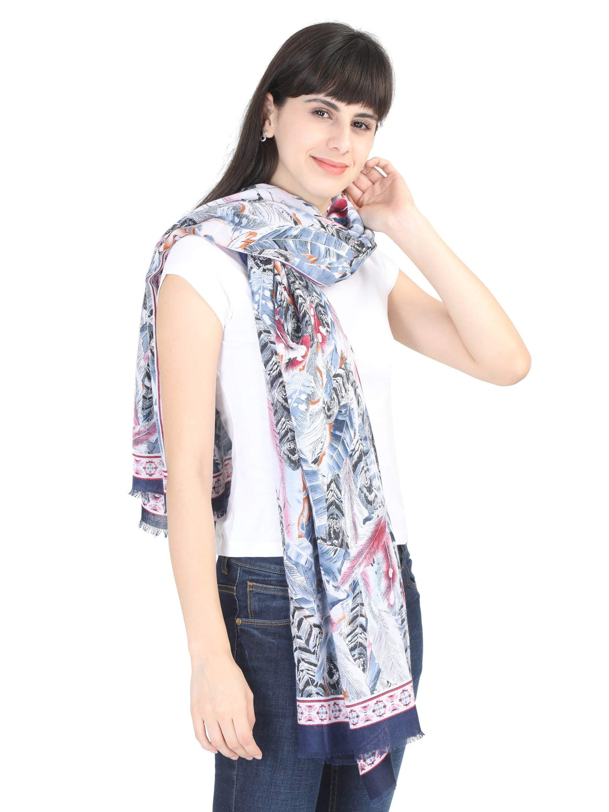 FabSeasons Women's Premium Printed Cotton Long Scarf for Summer and Winter (Size 95 x 190 cm, Navy Blue)
