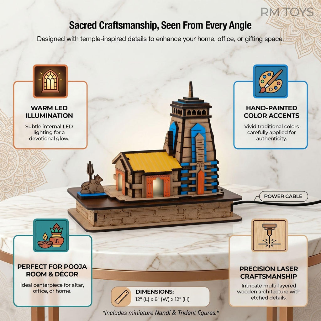 RM Toys Kedarnath Dham Wooden Temple Model for Home Decor | DIY Miniature Mandir Replica | Handmade MDF Craft Architecture Showpiece | 15.5 x 10 x 18 cm, Multicolour